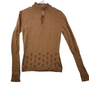 Melrose Studio Y2K Medium Sweater Tan Knit Embroidered Hem Button Mock Neck
